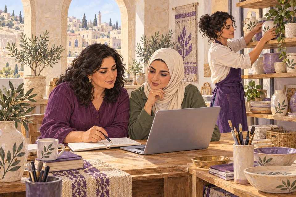 رسم توضيحي لصاحبات مشروع يتعاونّ على التخطيط باستخدام حاسوب ودفتر في مشغل للحرف والمنتجات المنزلية.